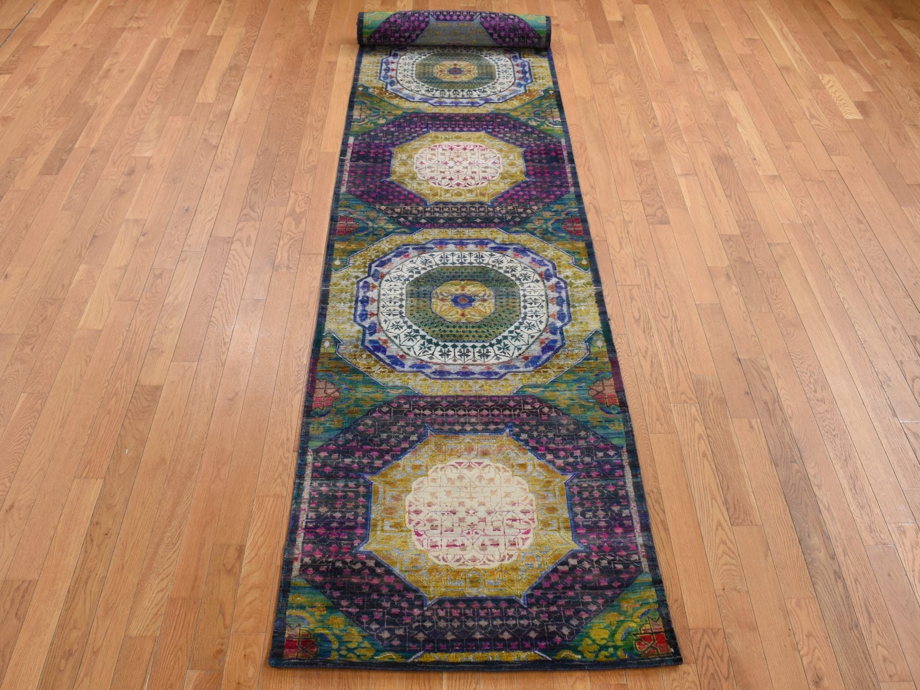 Mamluk Mamluk hand-knotted wool/sari silk runner in Yellow, 3'1" x 19'3" — SKU O087625 (view 2)
