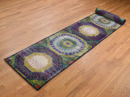 Mamluk Mamluk hand-knotted wool/sari silk runner in Yellow, 3'1" x 19'3" — SKU O087625 (view 3)
