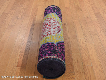 Mamluk Mamluk hand-knotted wool/sari silk runner in Yellow, 3'1" x 19'3" — SKU O087625 (view 8)