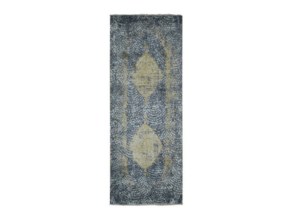 Transitional hand-knotted wool/pure silk runner in Gray, 3' x 8' — SKU O087627