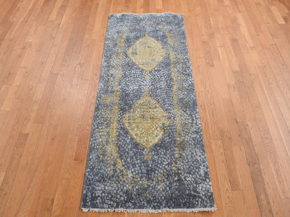Transitional hand-knotted wool/pure silk runner in Gray, 3' x 8' — SKU O087627 (view 2)