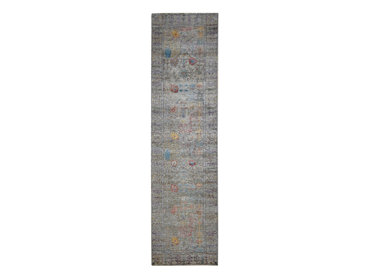 Transitional hand-knotted wool/silk runner in Brown, 3'1" x 12' — SKU O087629
