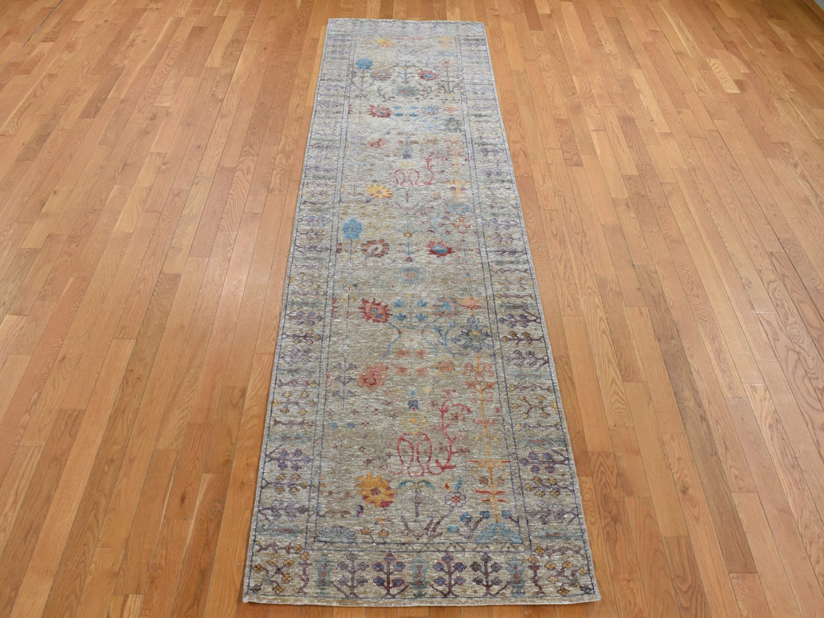 Transitional hand-knotted wool/silk runner in Brown, 3'1" x 12' — SKU O087629 (view 2)