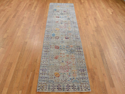 Transitional hand-knotted wool/silk runner in Brown, 3'1" x 12' — SKU O087629 (view 2)