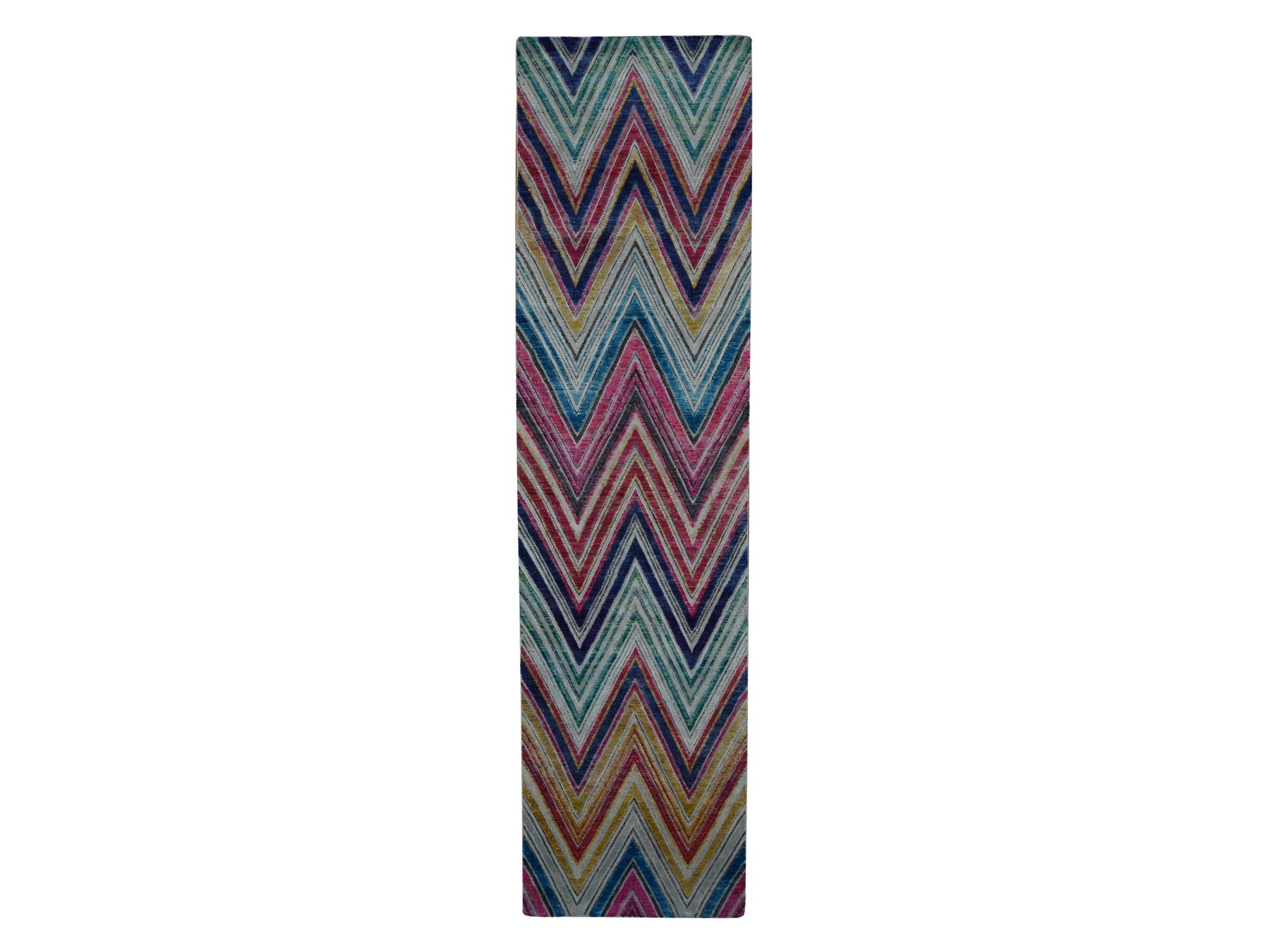 Modern / Contemporary hand-knotted wool/silk runner in Red, 3' x 11'10" — SKU O087630