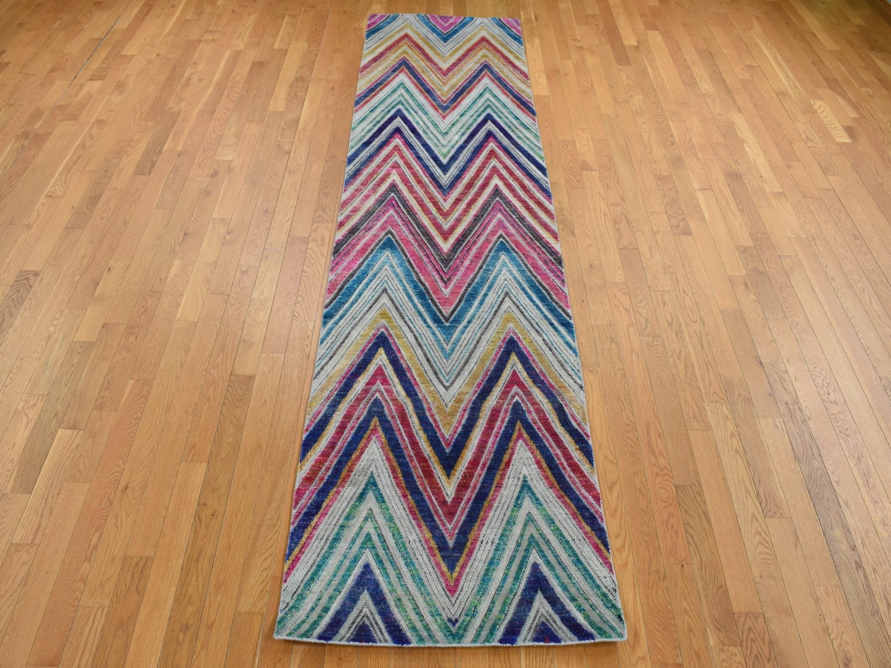 Modern / Contemporary hand-knotted wool/silk runner in Red, 3' x 11'10" — SKU O087630 (view 2)