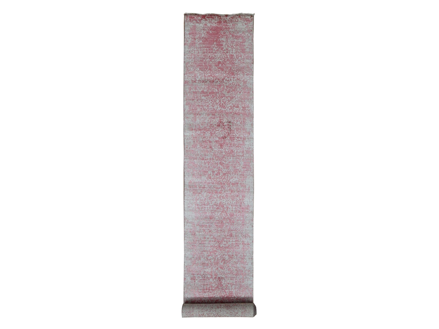 Transitional hand-knotted wool/pure silk runner in Pink, 2'5" x 15'7" — SKU O087631
