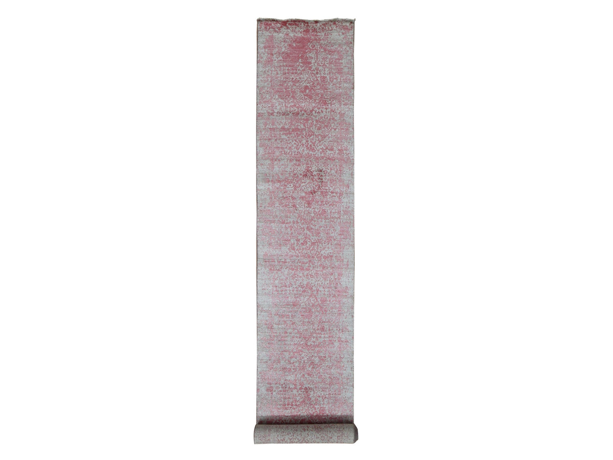 Transitional hand-knotted wool/pure silk runner in Pink, 2'5" x 15'7" — SKU O087631