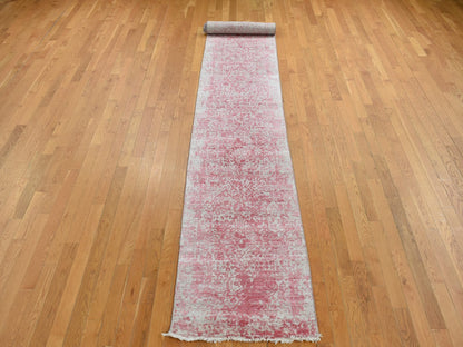 Transitional hand-knotted wool/pure silk runner in Pink, 2'5" x 15'7" — SKU O087631 (view 2)