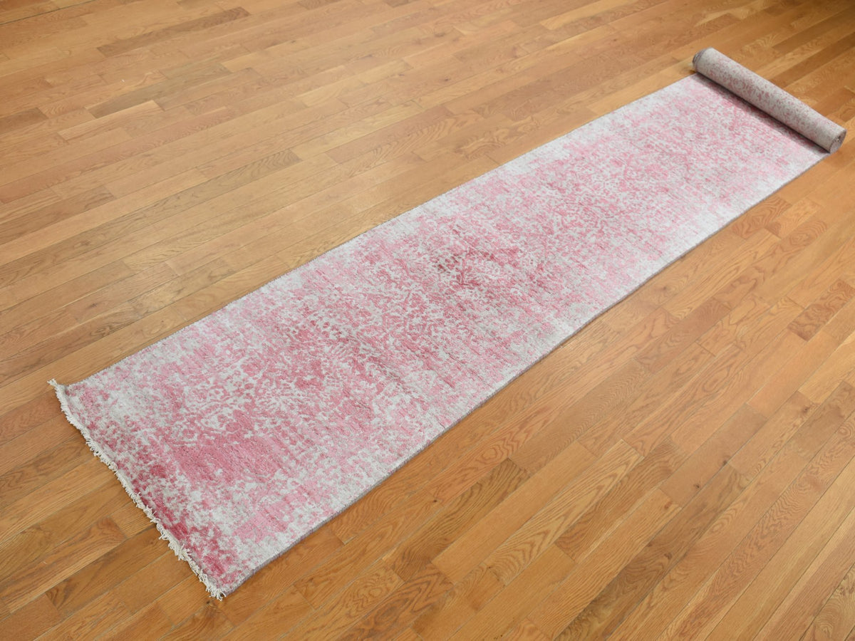 Transitional hand-knotted wool/pure silk runner in Pink, 2'5" x 15'7" — SKU O087631 (view 3)