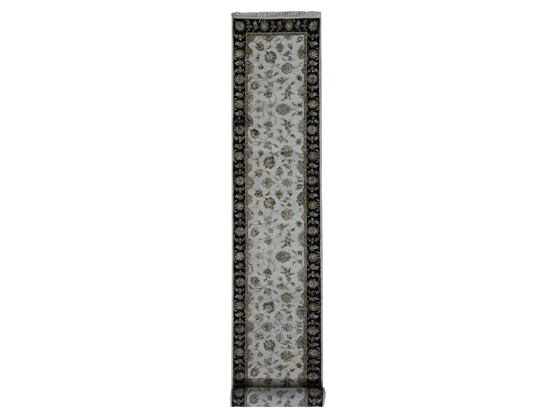 Rajasthan Rajasthan hand-knotted wool/silk runner in Ivory & Black, 2'7" x 16' — SKU O087633