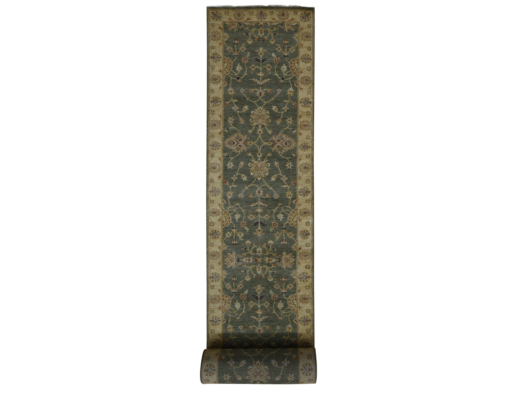 Agra Oushak hand-knotted wool runner in Green & Beige, 3'6" x 32'2" — SKU O087634