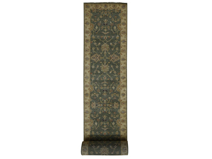 Agra Oushak hand-knotted wool runner in Green & Beige, 3'6" x 32'2" — SKU O087634