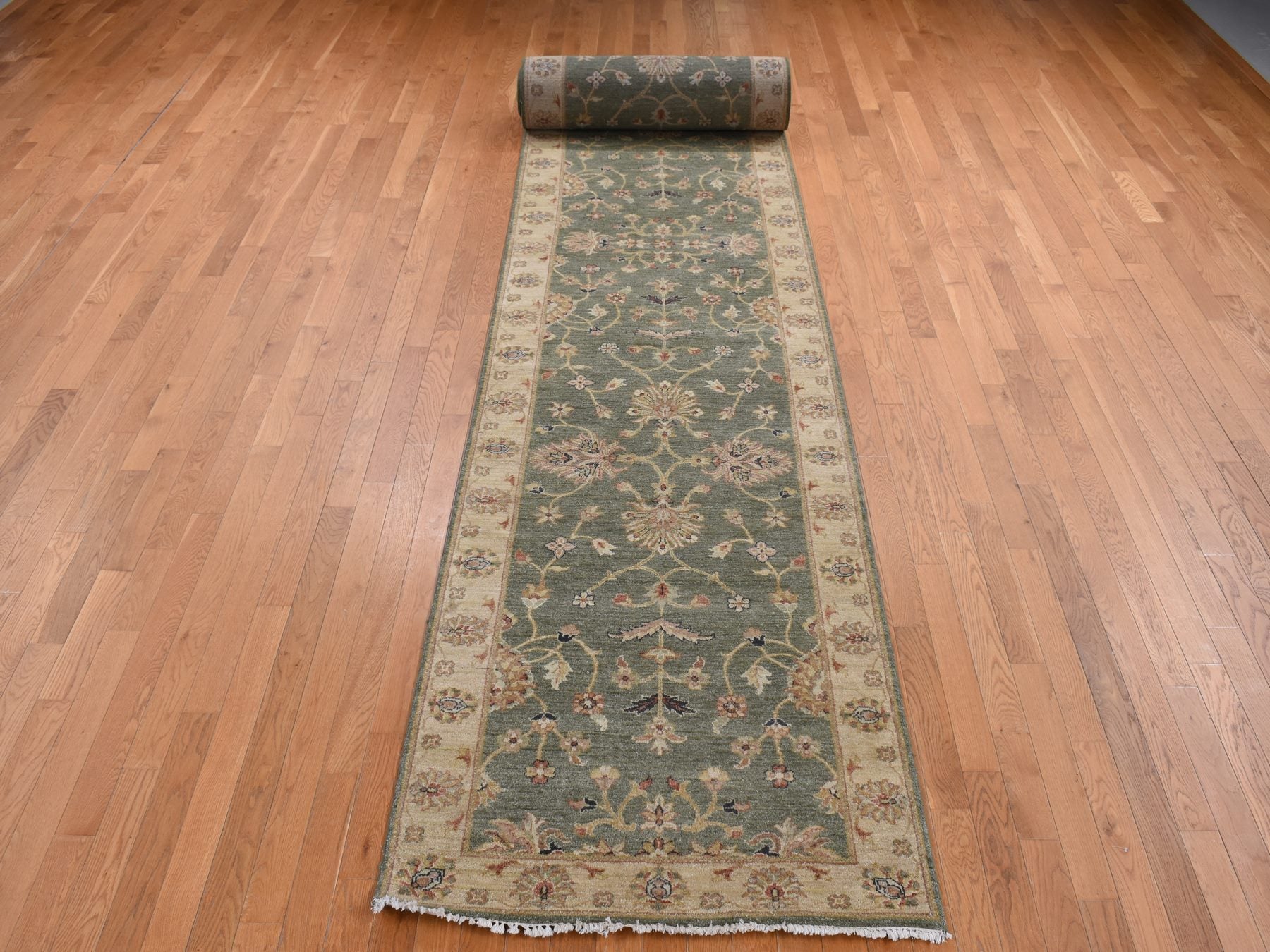 Agra Oushak hand-knotted wool runner in Green & Beige, 3'6" x 32'2" — SKU O087634 (view 2)