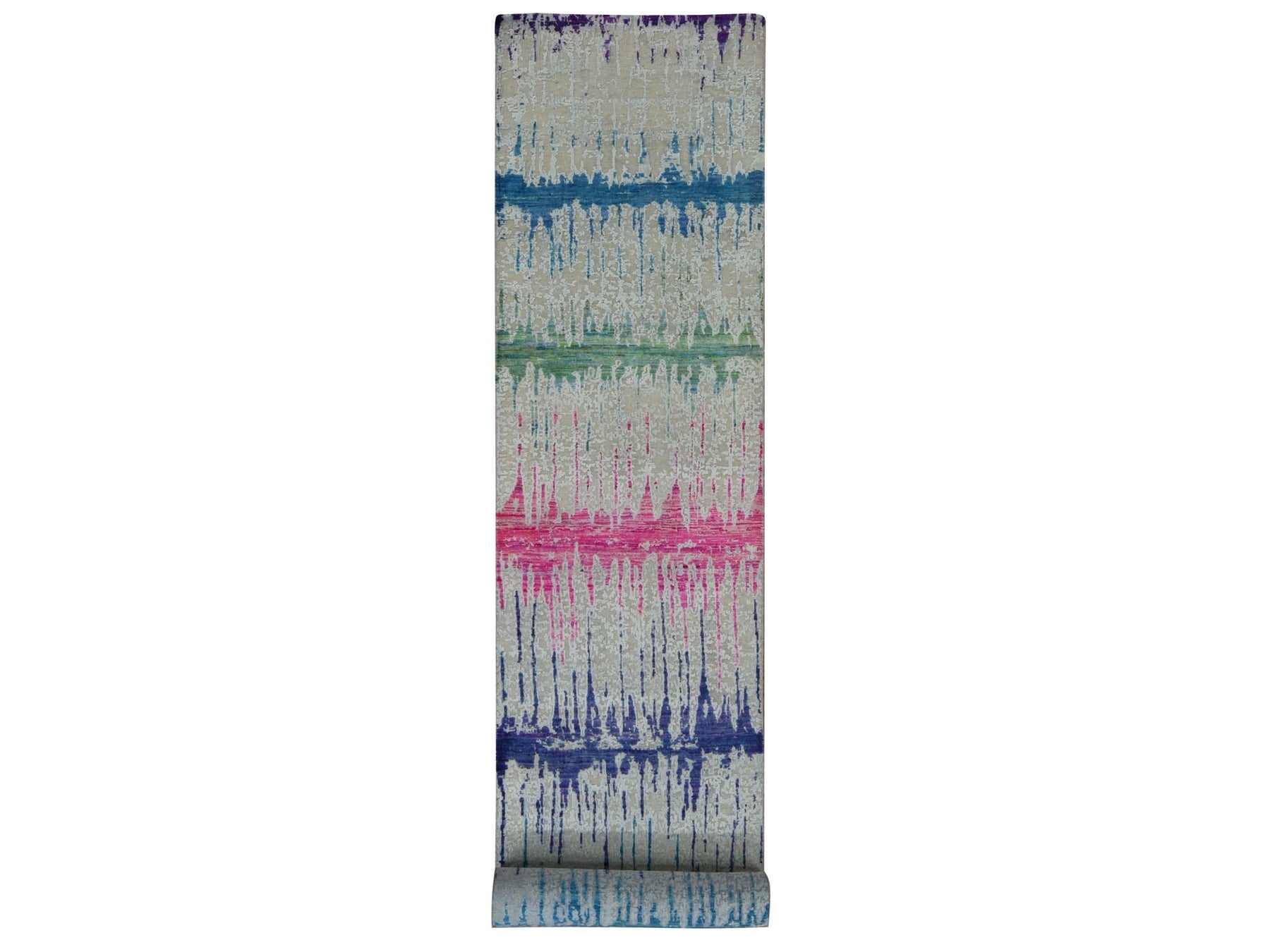 Modern / Contemporary hand-knotted wool/silk runner in Ivory, 2'7" x 14' — SKU O087636