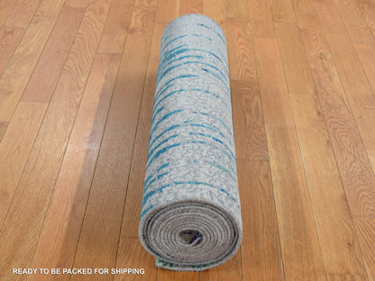 Modern / Contemporary hand-knotted wool/silk runner in Ivory, 2'7" x 14' — SKU O087636 (view 8)