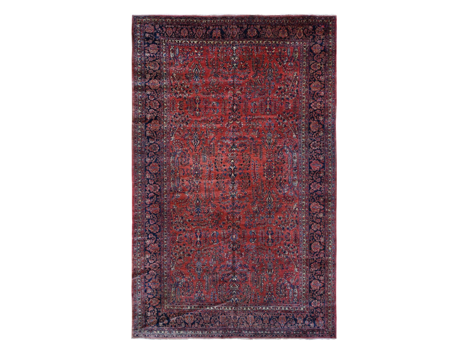 Sarouk Antique hand-knotted wool rug in Red & Midnight Blue, 10'8" x 17'2" — SKU O087641