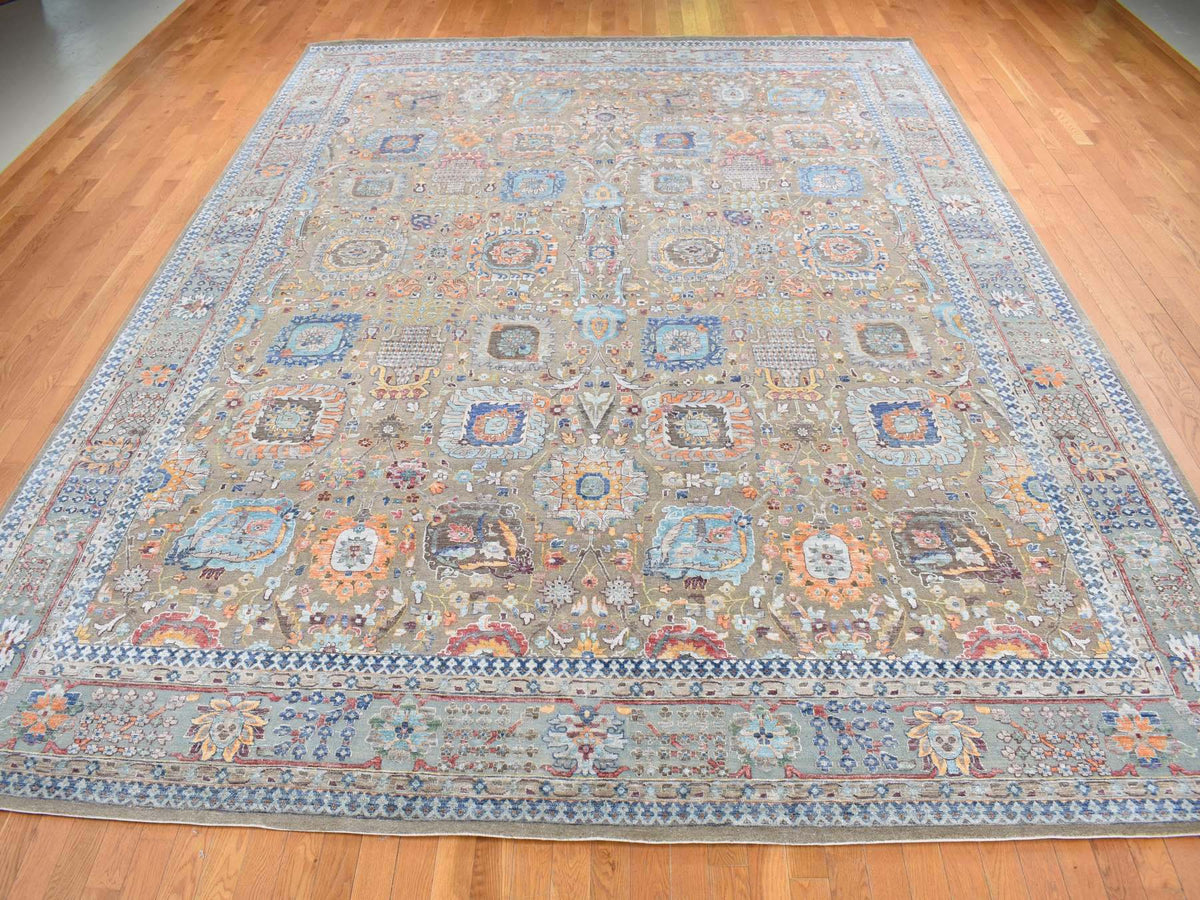 Tabriz Transitional hand-knotted wool/silk rug in Brown & Light Blue, 11'9" x 15'2" — SKU O087644 (view 2)