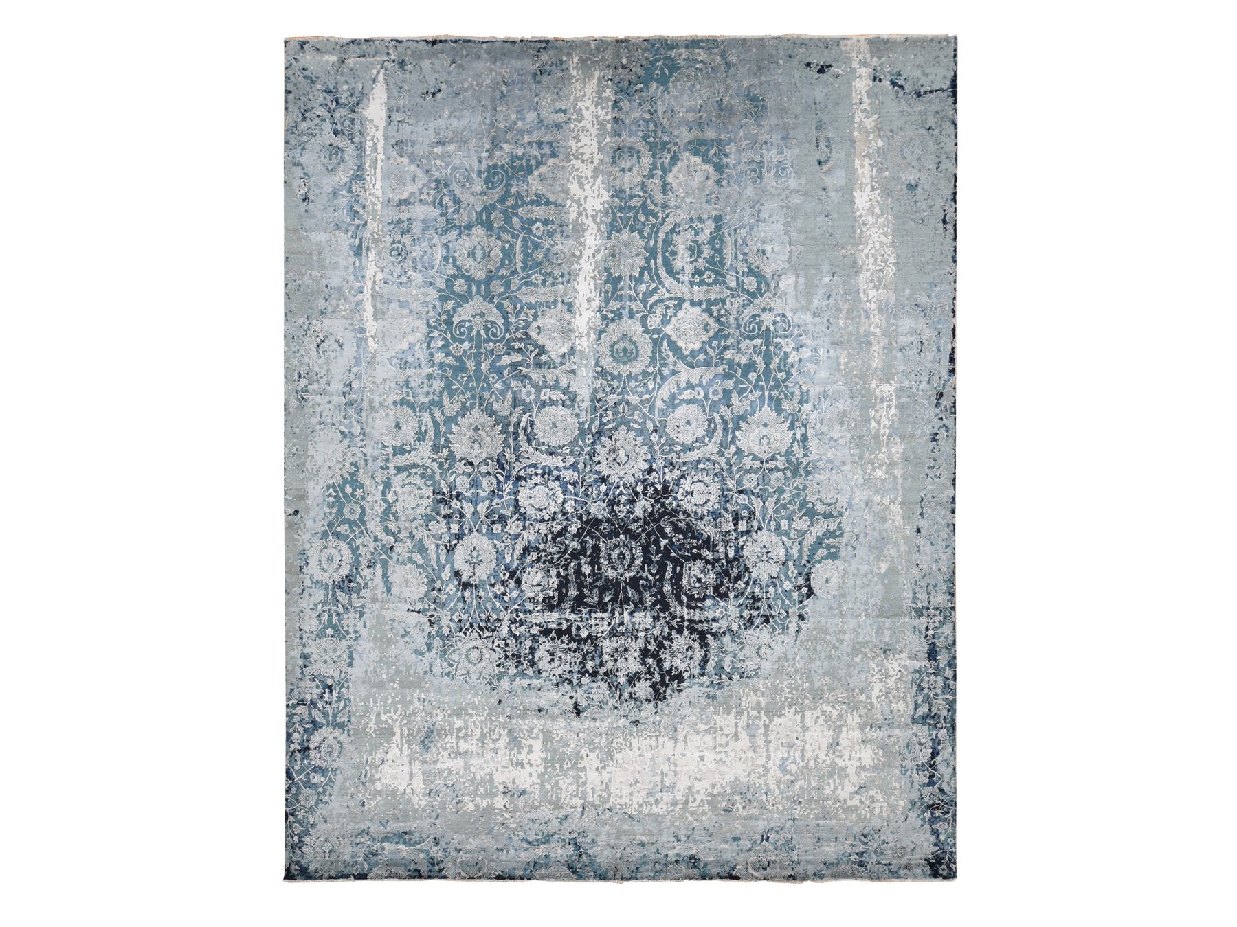 Tabriz Transitional hand-knotted wool/silk rug in Blue, 12' x 15'1" — SKU O087646