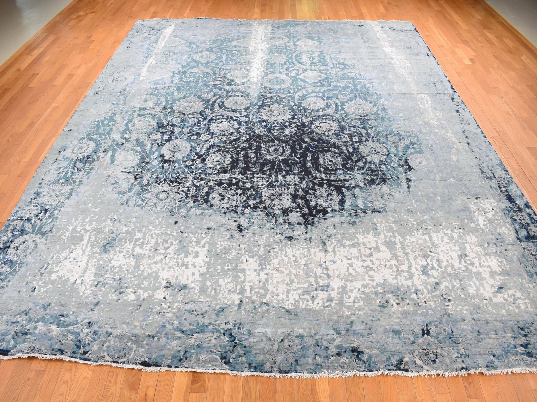 Tabriz Transitional hand-knotted wool/silk rug in Blue, 12' x 15'1" — SKU O087646 (view 2)