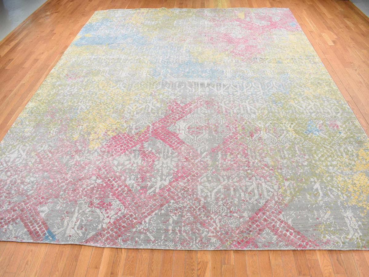 Modern / Contemporary hand-knotted silk rug in Gray, 12' x 15' — SKU O087647 (view 2)
