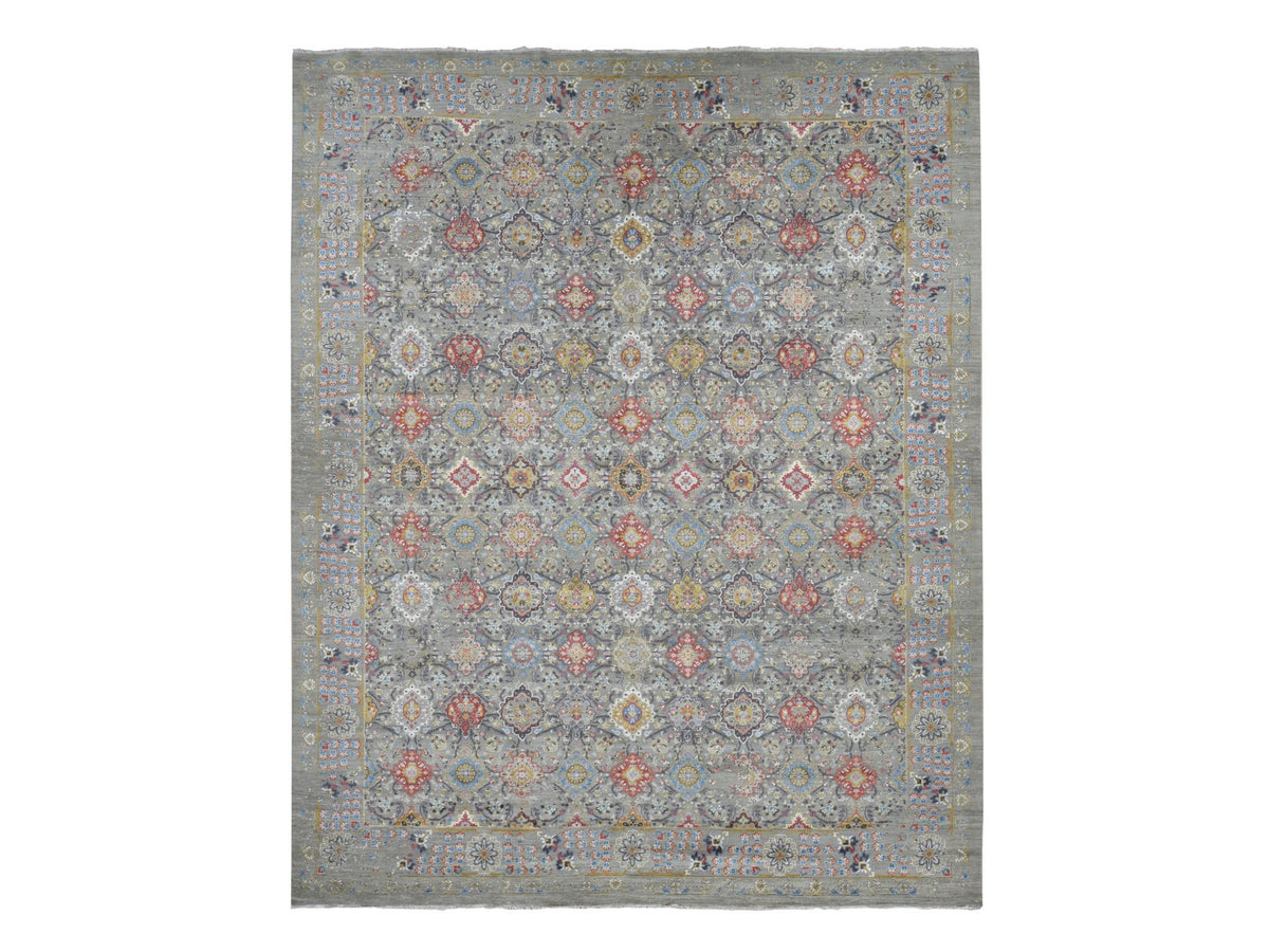 Transitional hand-knotted wool/pure silk rug in Beige & Gray, 12' x 15'1" — SKU O087650