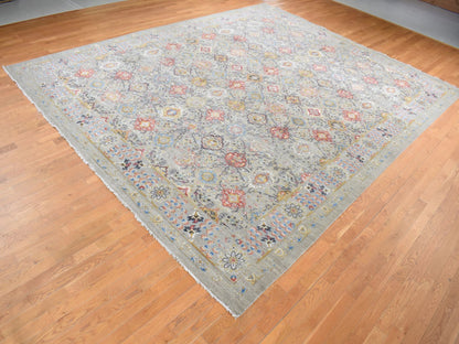 Beige 12'0" x 15'1" Transitional Hand knotted Wool/Silk Rug - Sku: O087650