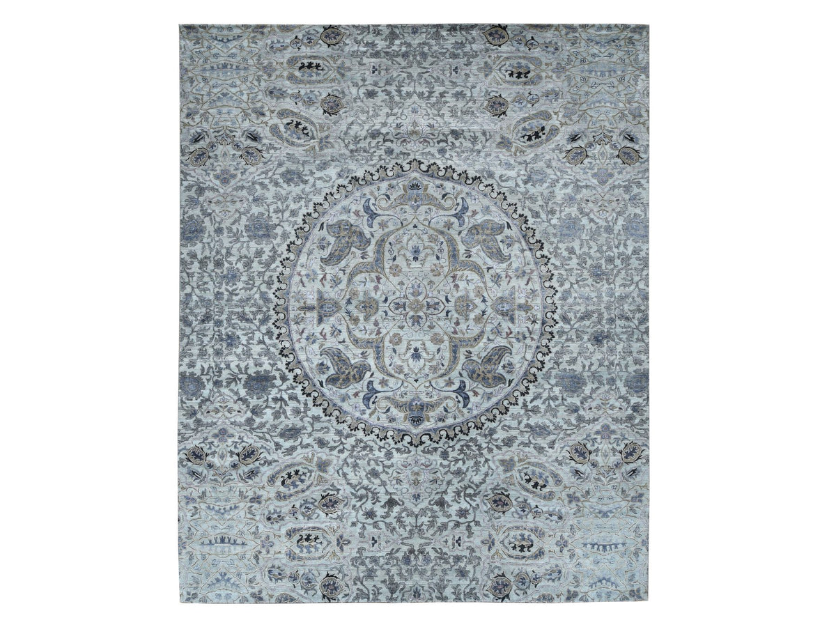 Transitional hand-knotted wool/silk rug in Gray, 12' x 15' — SKU O087652