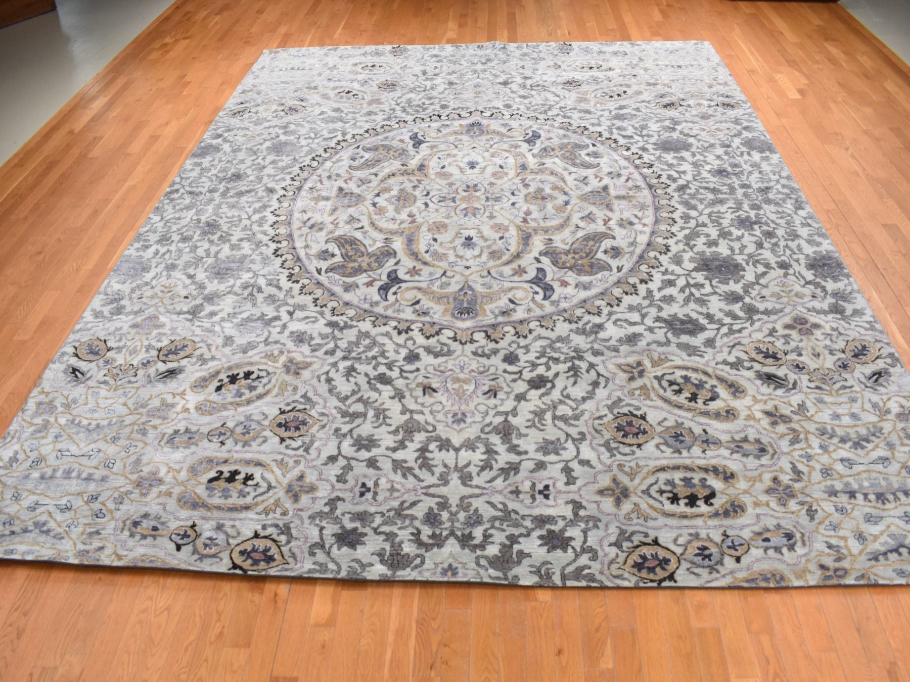 Transitional hand-knotted wool/silk rug in Gray, 12' x 15' — SKU O087652 (view 2)
