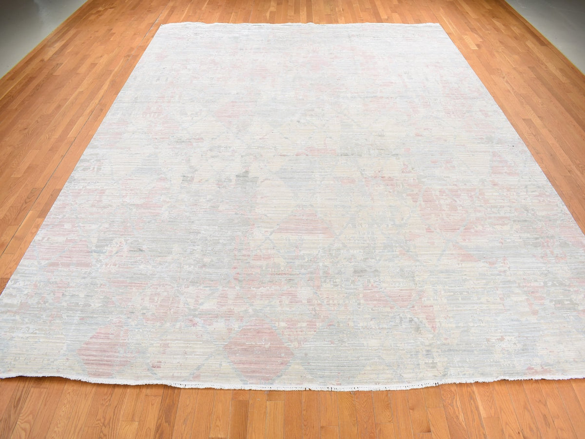 Modern / Contemporary hand-knotted wool/silk rug in Ivory, 12' x 15'3" — SKU O087674 (view 2)