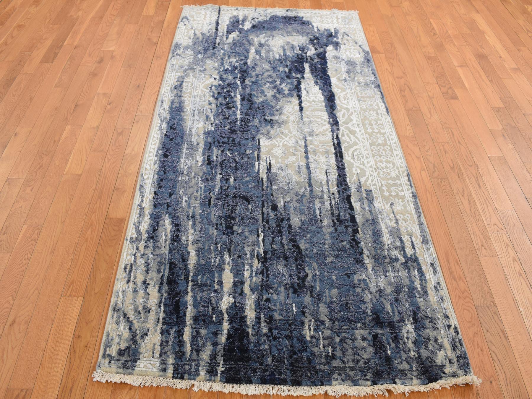 Blue 4'0" x 8'0" Transitional Hand knotted Wool/Silk Rug - Sku: O087677