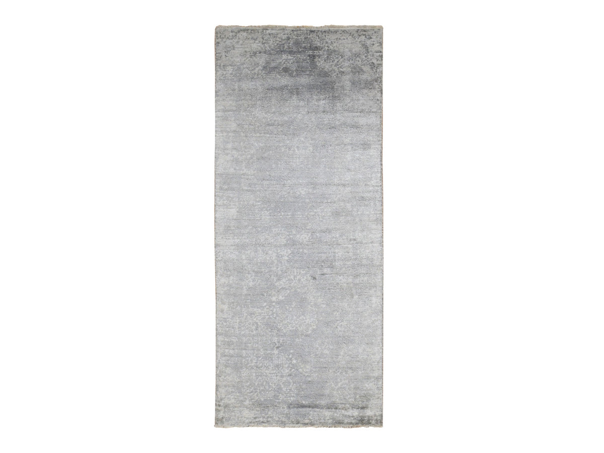 Transitional hand-knotted wool/silk runner in Gray, 4' x 9'8" — SKU O087679