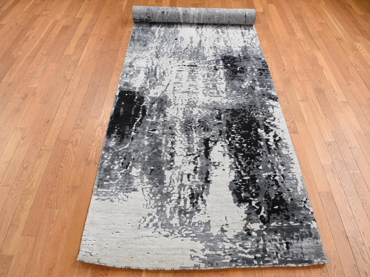 Modern / Contemporary hand-knotted wool/silk runner in Gray, 4'2" x 13'1" — SKU O087680 (view 2)