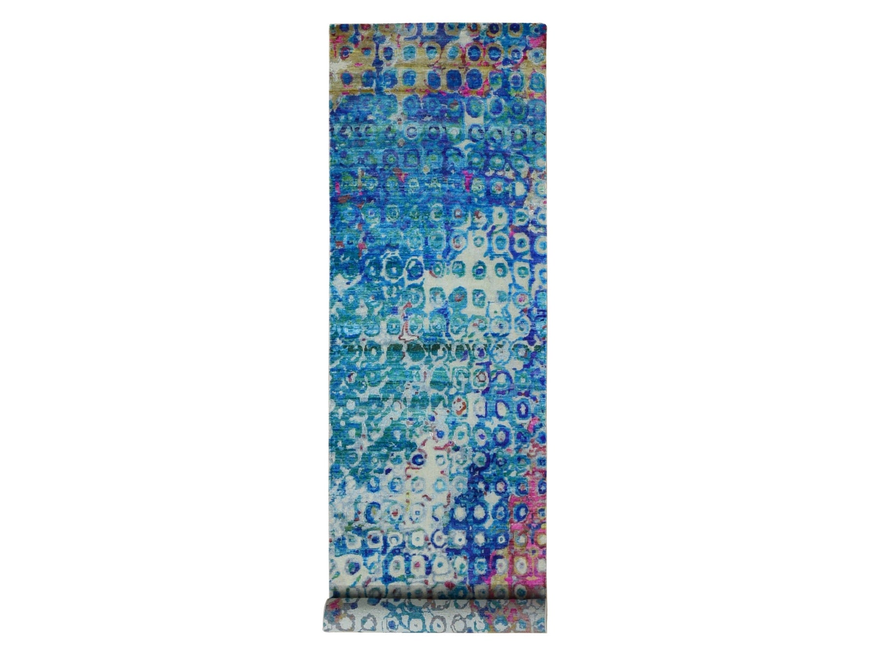 Transitional hand-knotted sari silk runner in Blue, 3' x 12'4" — SKU O087681