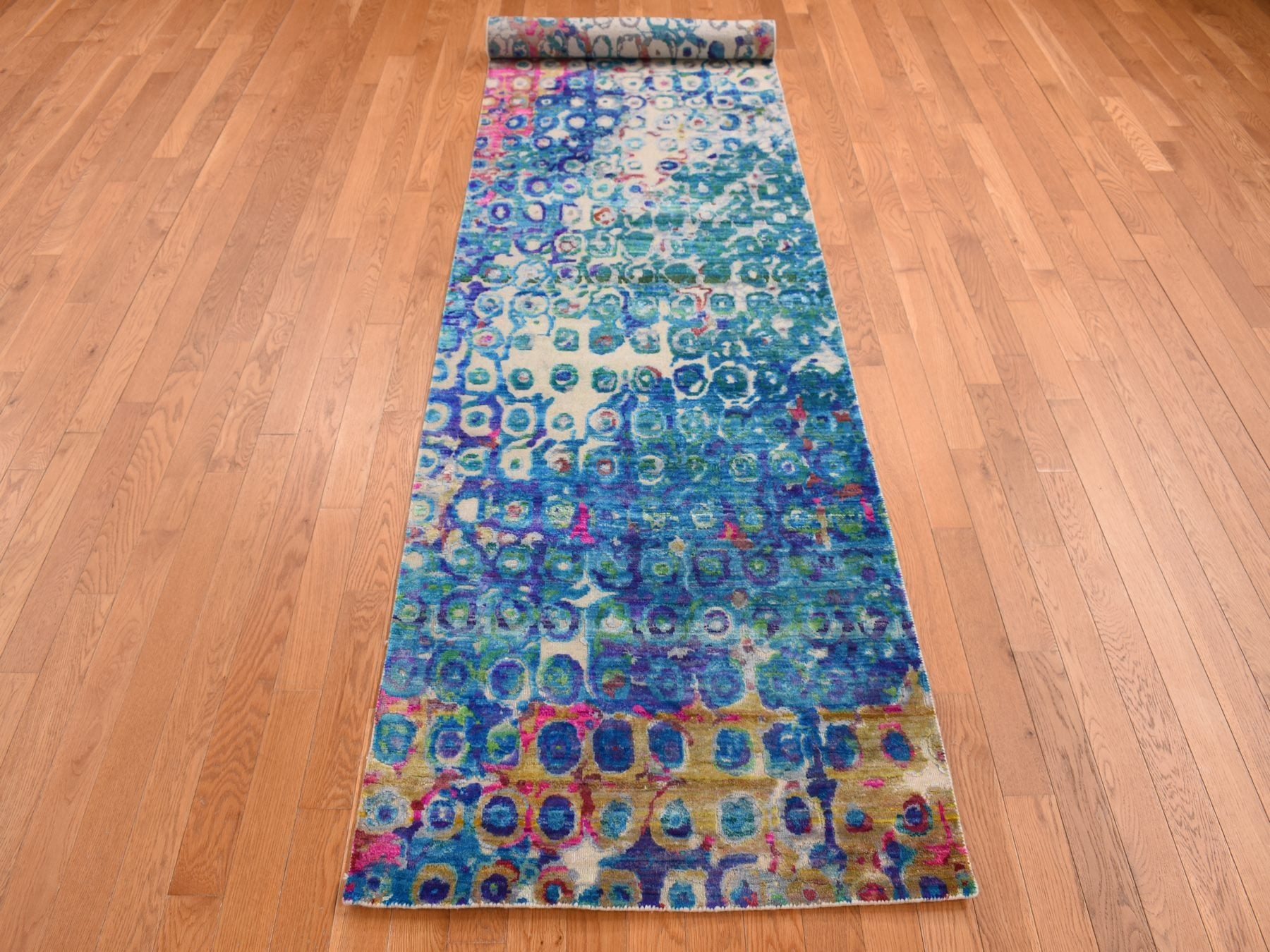 Transitional hand-knotted sari silk runner in Blue, 3' x 12'4" — SKU O087681 (view 2)