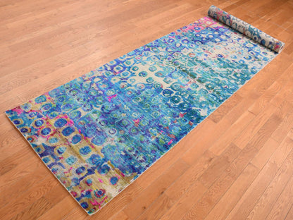 Blue 3'0" x 12'4" Transitional Hand knotted Silk Rug - Sku: O087681