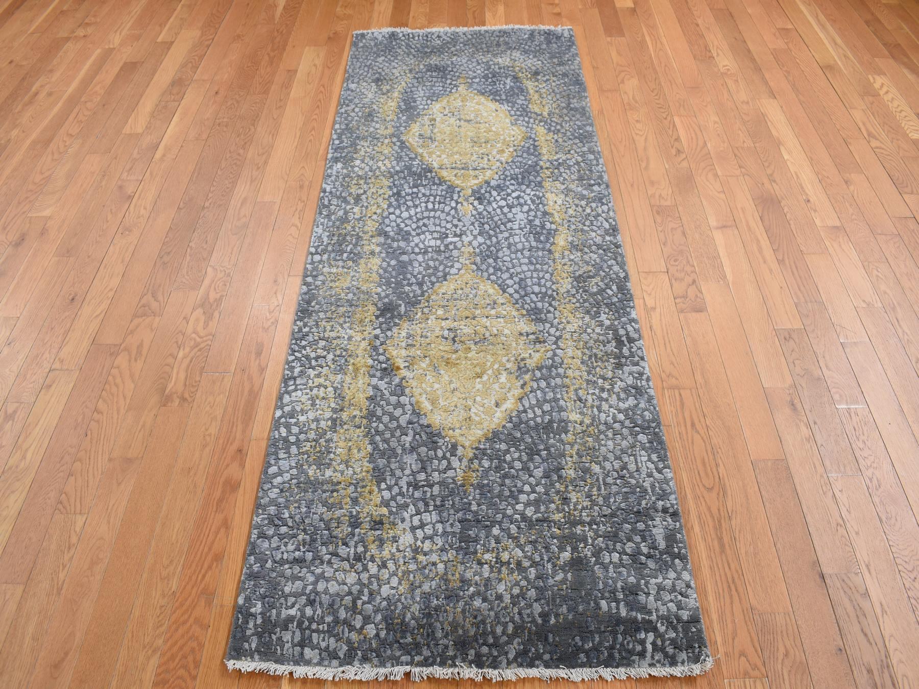 Transitional hand-knotted wool/silk runner in Gray, 3' x 8' — SKU O087688 (view 2)