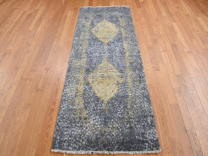 Transitional hand-knotted wool/silk runner in Gray, 3' x 8' — SKU O087688 (view 2)