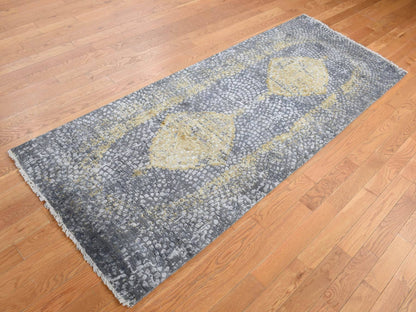 Transitional hand-knotted wool/silk runner in Gray, 3' x 8' — SKU O087688 (view 3)