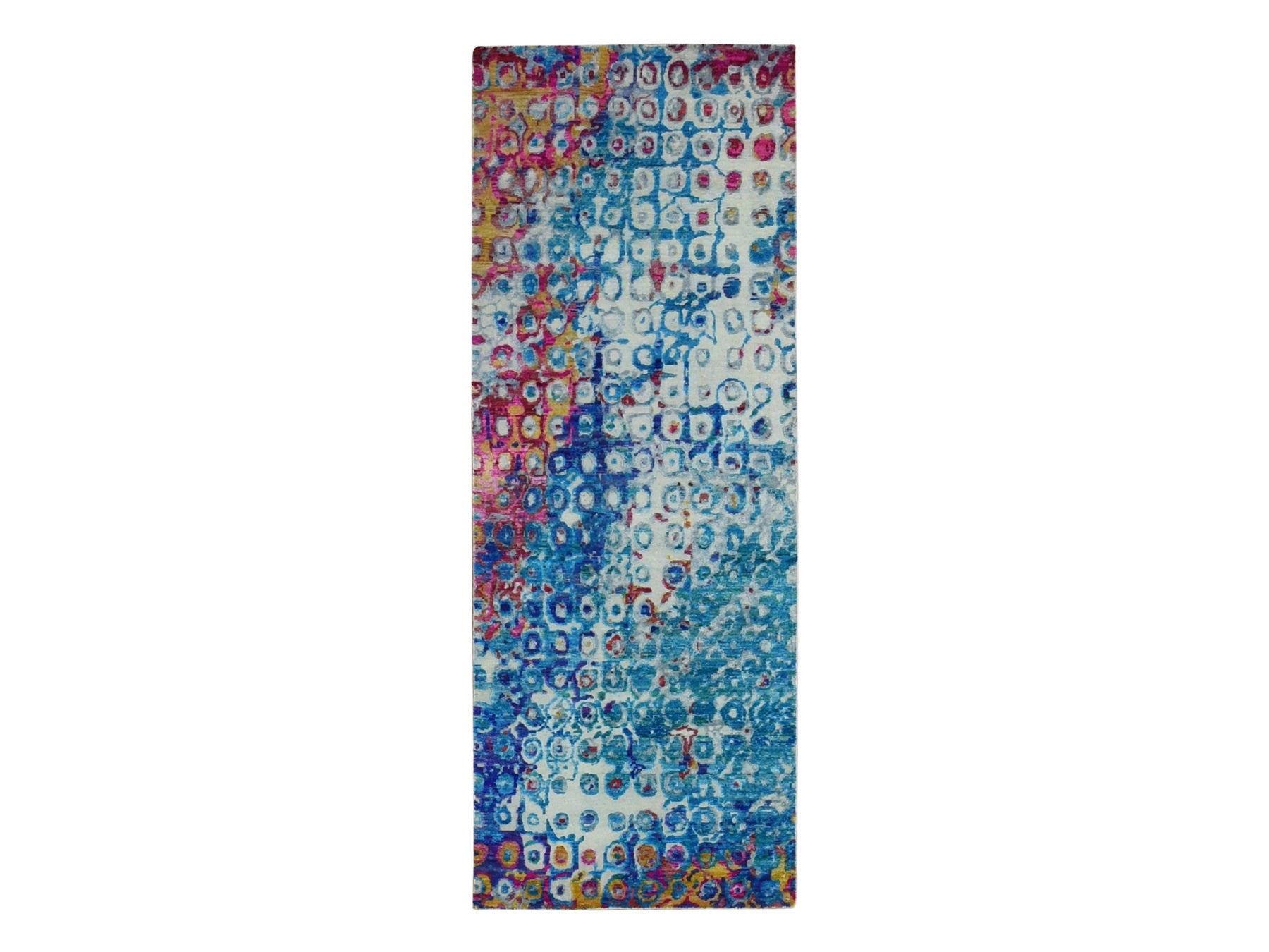 Transitional hand-knotted sari silk runner in Blue, 3' x 8'2" — SKU O087689