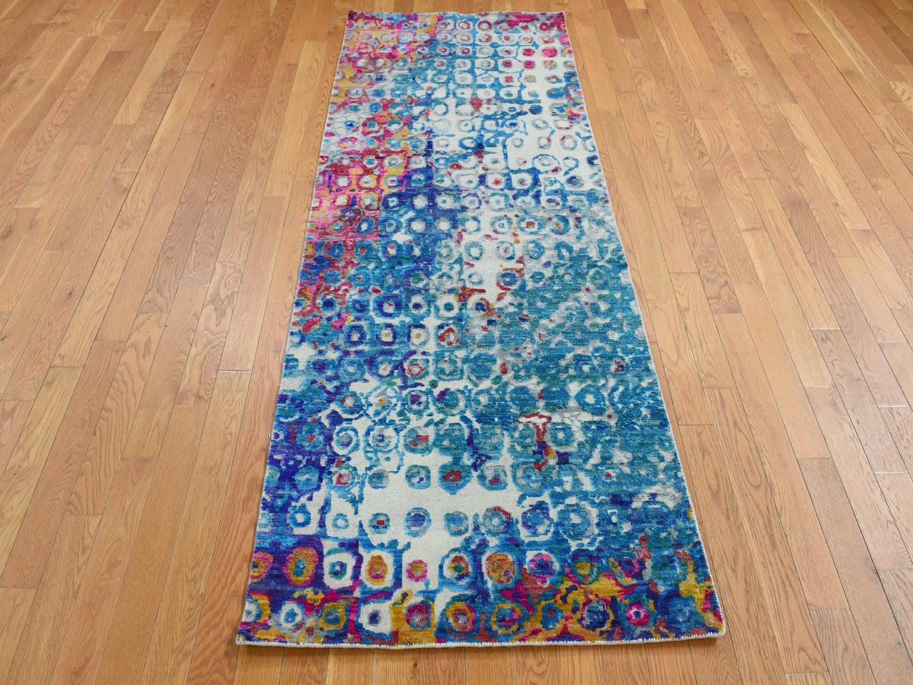 Transitional hand-knotted sari silk runner in Blue, 3' x 8'2" — SKU O087689 (view 2)