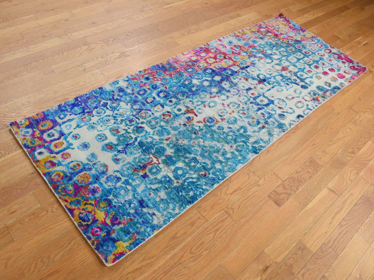 Transitional hand-knotted sari silk runner in Blue, 3' x 8'2" — SKU O087689 (view 3)