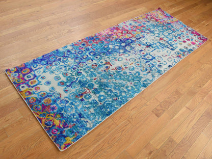 Transitional hand-knotted sari silk runner in Blue, 3' x 8'2" — SKU O087689 (view 3)