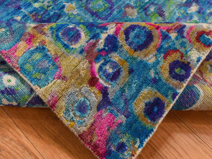 Transitional hand-knotted sari silk runner in Blue, 3' x 8'2" — SKU O087689 (view 5)