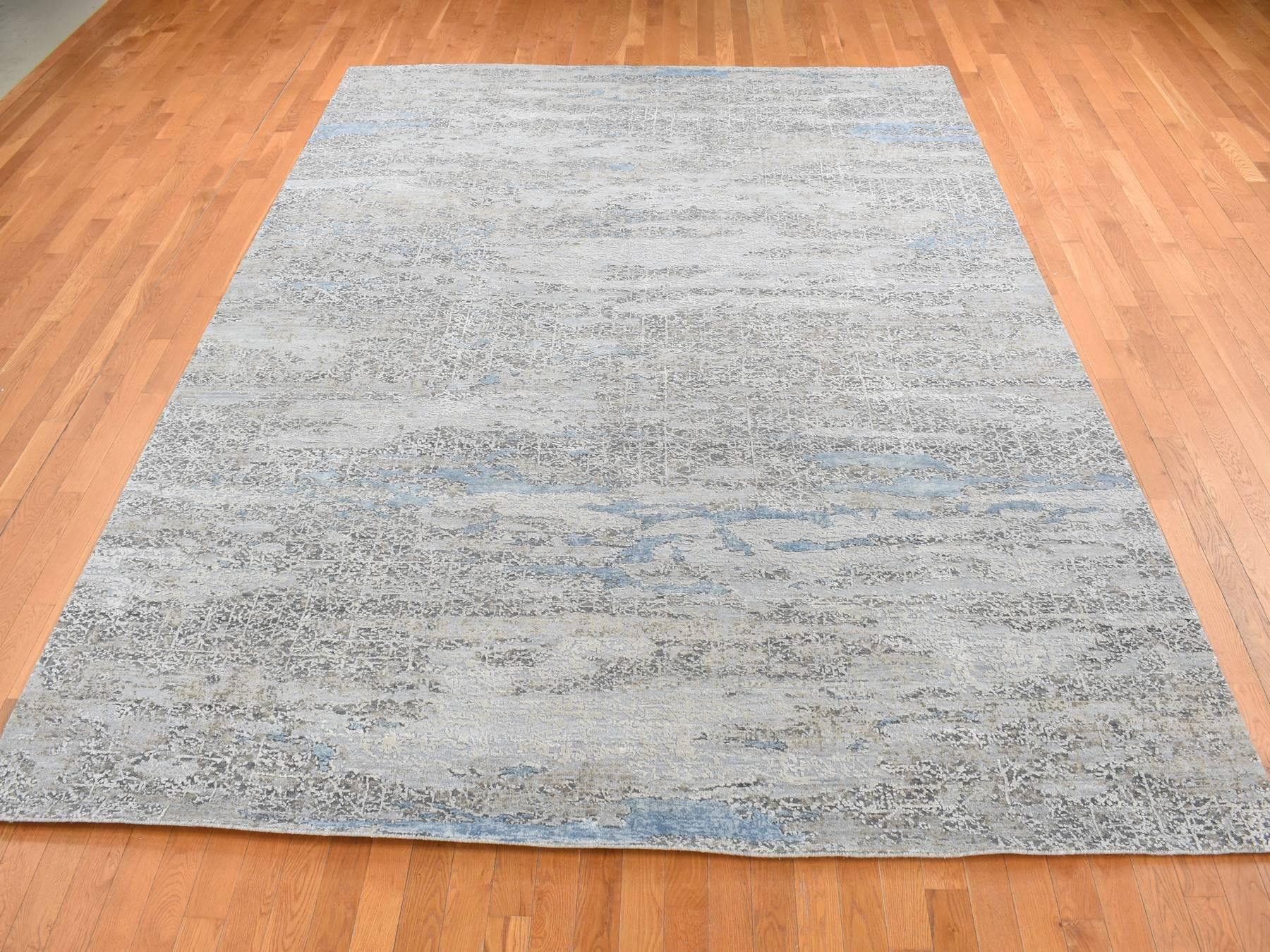 Modern / Contemporary hand-knotted wool/silk rug in Gray, 9' x 12'3" — SKU O087703 (view 2)