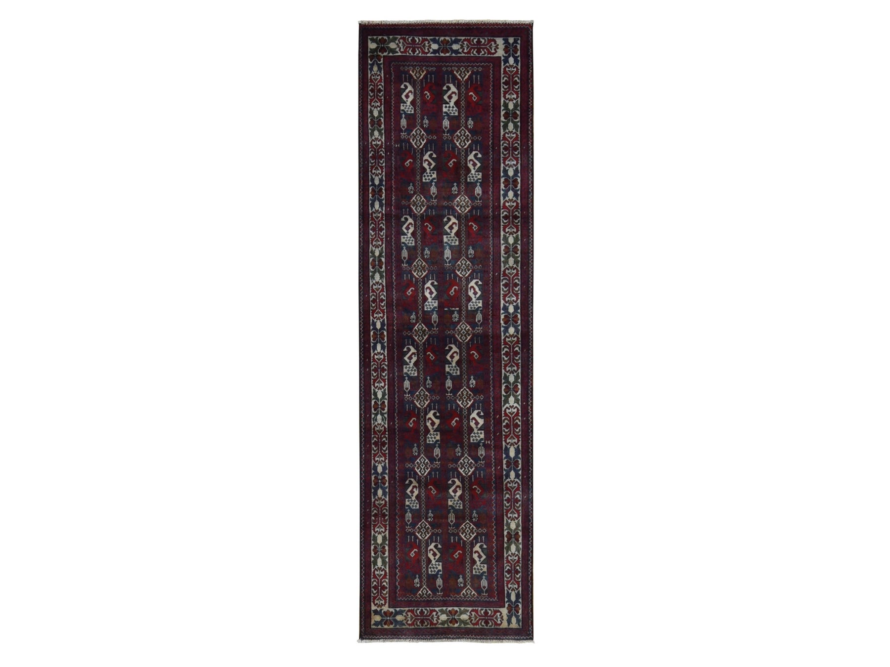 Tribal & Geometric hand-knotted wool runner in Red & Ivory, 2'6" x 9'3" — SKU O087726