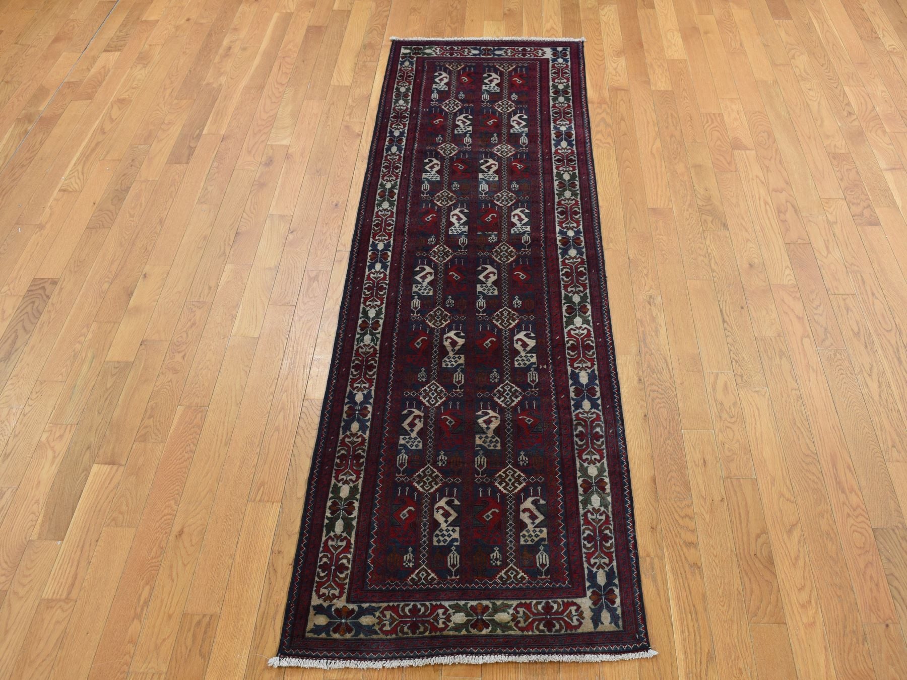 Tribal & Geometric hand-knotted wool runner in Red & Ivory, 2'6" x 9'3" — SKU O087726 (view 2)