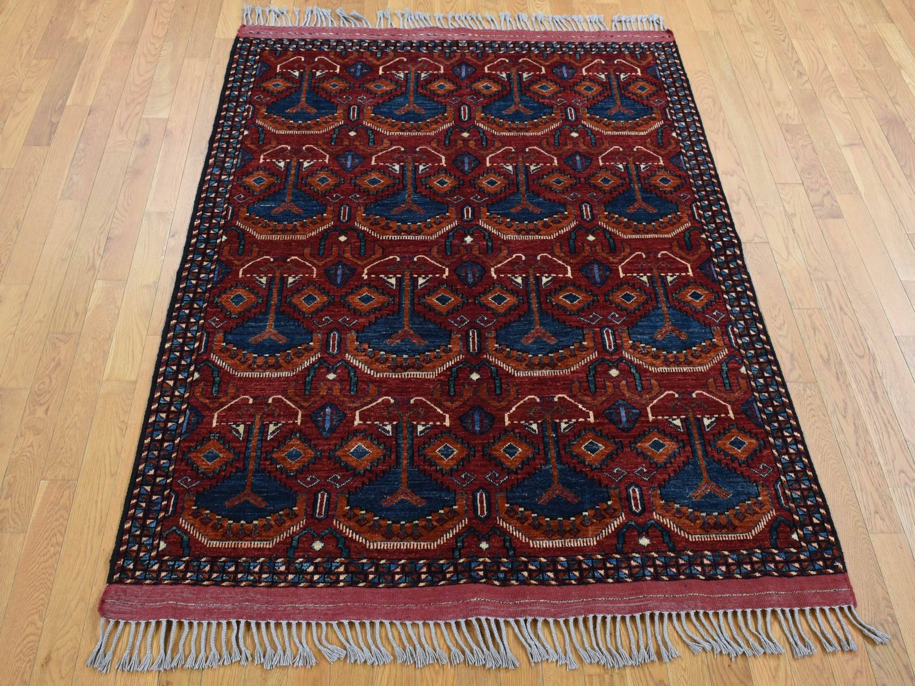 Ersari Tribal & Geometric hand-knotted wool rug in Red & Blue, 5'1" x 6'6" — SKU O087732