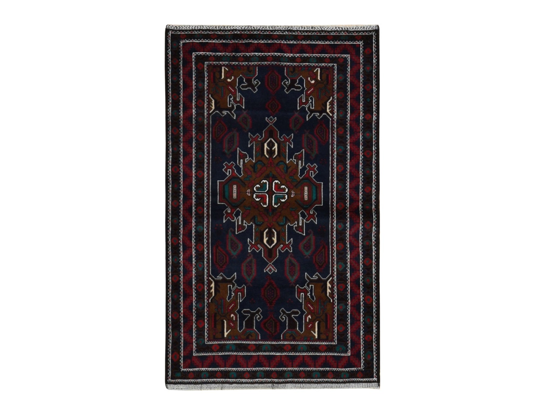 Baluch Tribal & Geometric hand-knotted wool rug in Blue & Red, 3'10" x 6'9" — SKU O087735