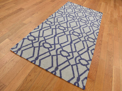 Blue 2'6" x 6'0" Flat Weave Hand woven Wool Rug - Sku: O087832